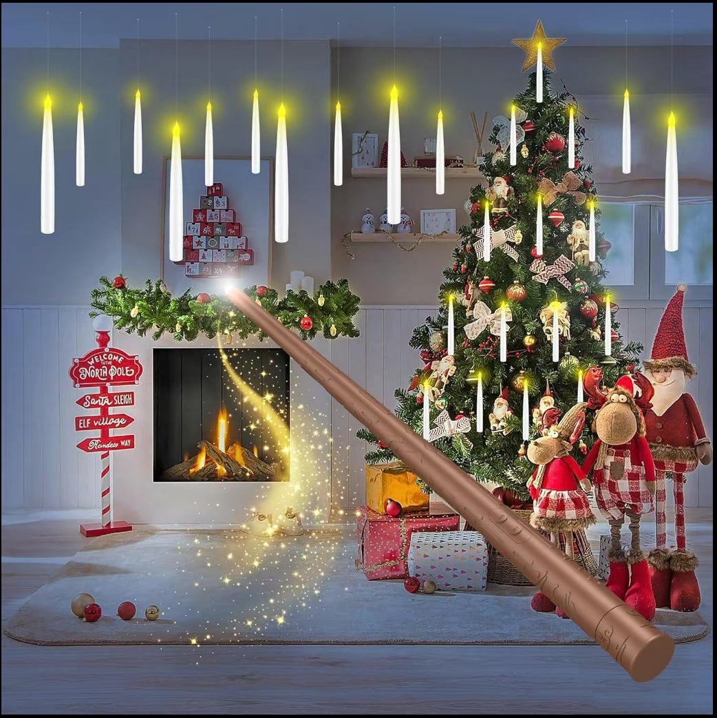 Flameless Candles with Magic Wand Remote for Christmas Decor, 6.6" Floating Candles Battery Operated Hanging Window Candles, Flickering Electric LED Candle for Christmas Halloween Decorations