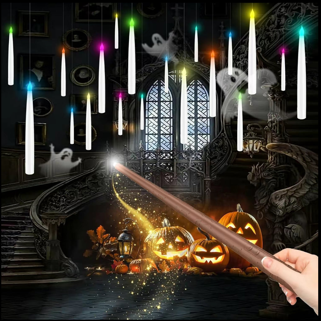Flameless Candles with Magic Wand Remote for Christmas Decor, 6.6" Floating Candles Battery Operated Hanging Window Candles, Flickering Electric LED Candle for Christmas Halloween Decorations