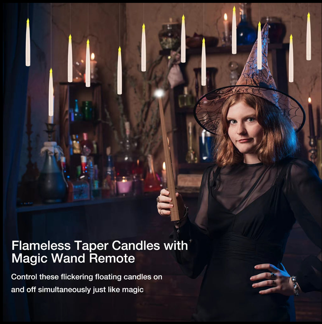 Flameless Candles with Magic Wand Remote for Christmas Decor, 6.6" Floating Candles Battery Operated Hanging Window Candles, Flickering Electric LED Candle for Christmas Halloween Decorations