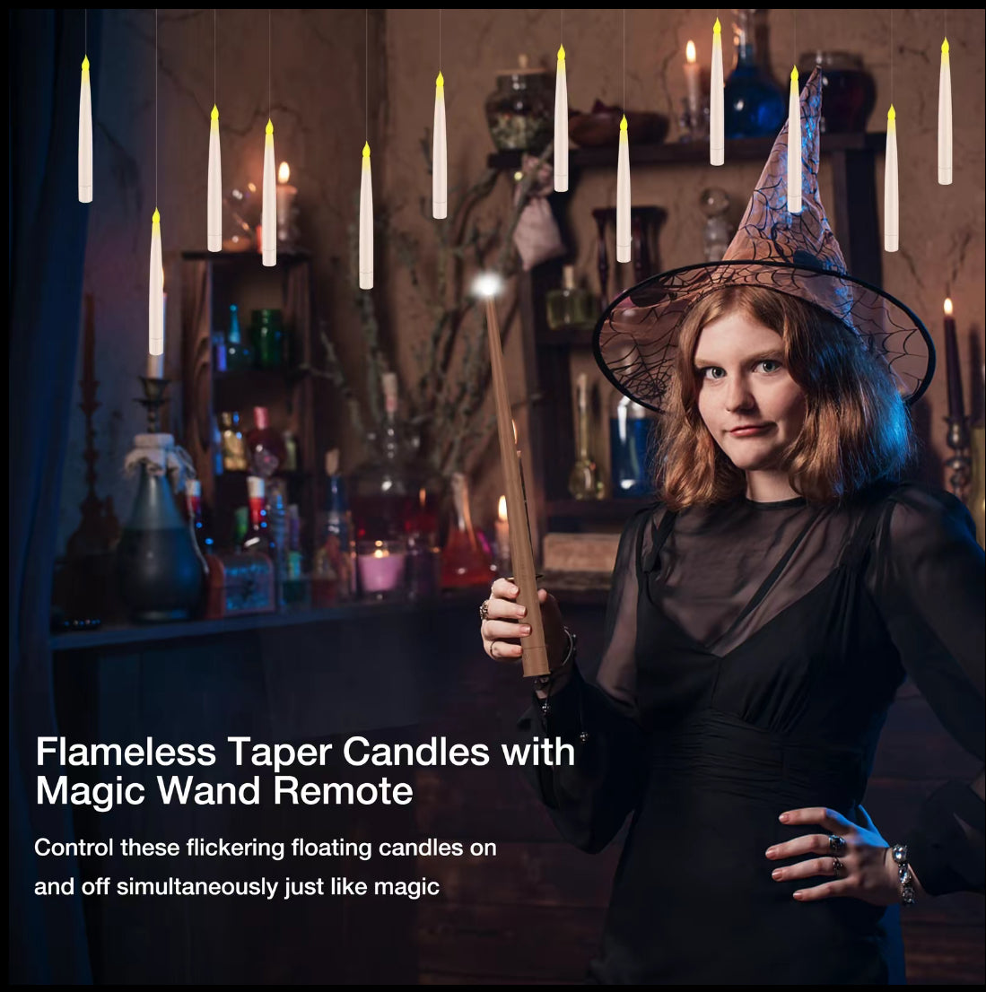 Flameless Candles with Magic Wand Remote for Christmas Decor, 6.6" Floating Candles Battery Operated Hanging Window Candles, Flickering Electric LED Candle for Christmas Halloween Decorations