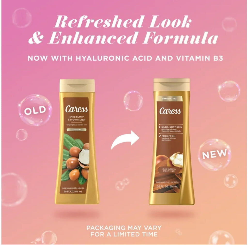 Caress Exfoliating Body Wash for Women, Shea Butter & Brown Sugar Shower Gel for All Skin 20 fl oz
