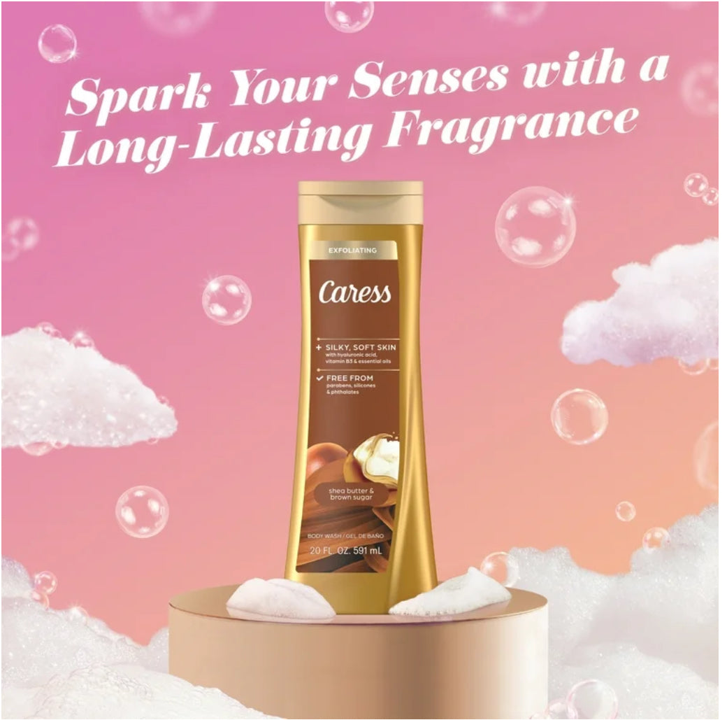 Caress Exfoliating Body Wash for Women, Shea Butter & Brown Sugar Shower Gel for All Skin 20 fl oz