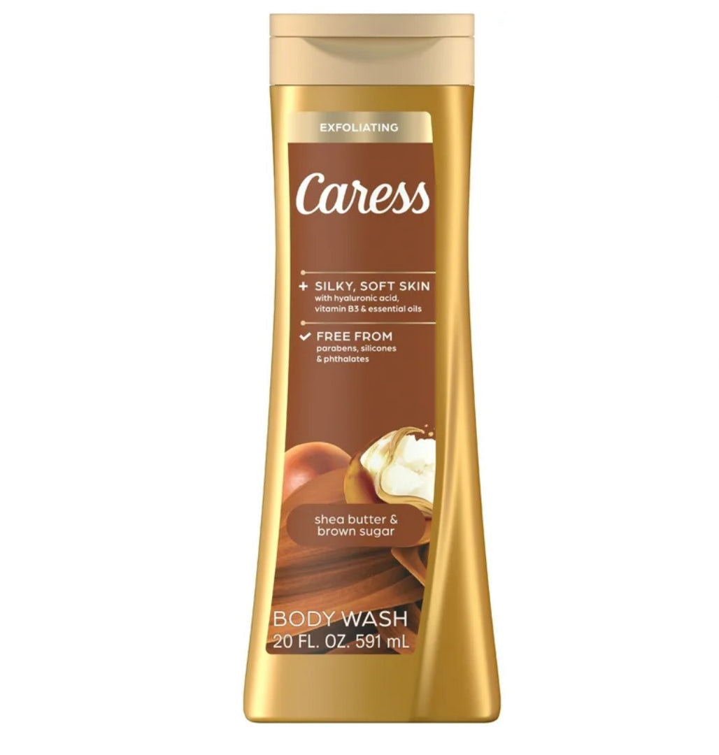 Caress Exfoliating Body Wash for Women, Shea Butter & Brown Sugar Shower Gel for All Skin 20 fl oz