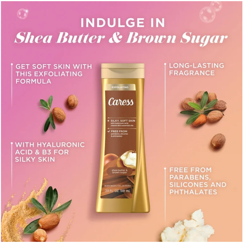 Caress Exfoliating Body Wash for Women, Shea Butter & Brown Sugar Shower Gel for All Skin 20 fl oz